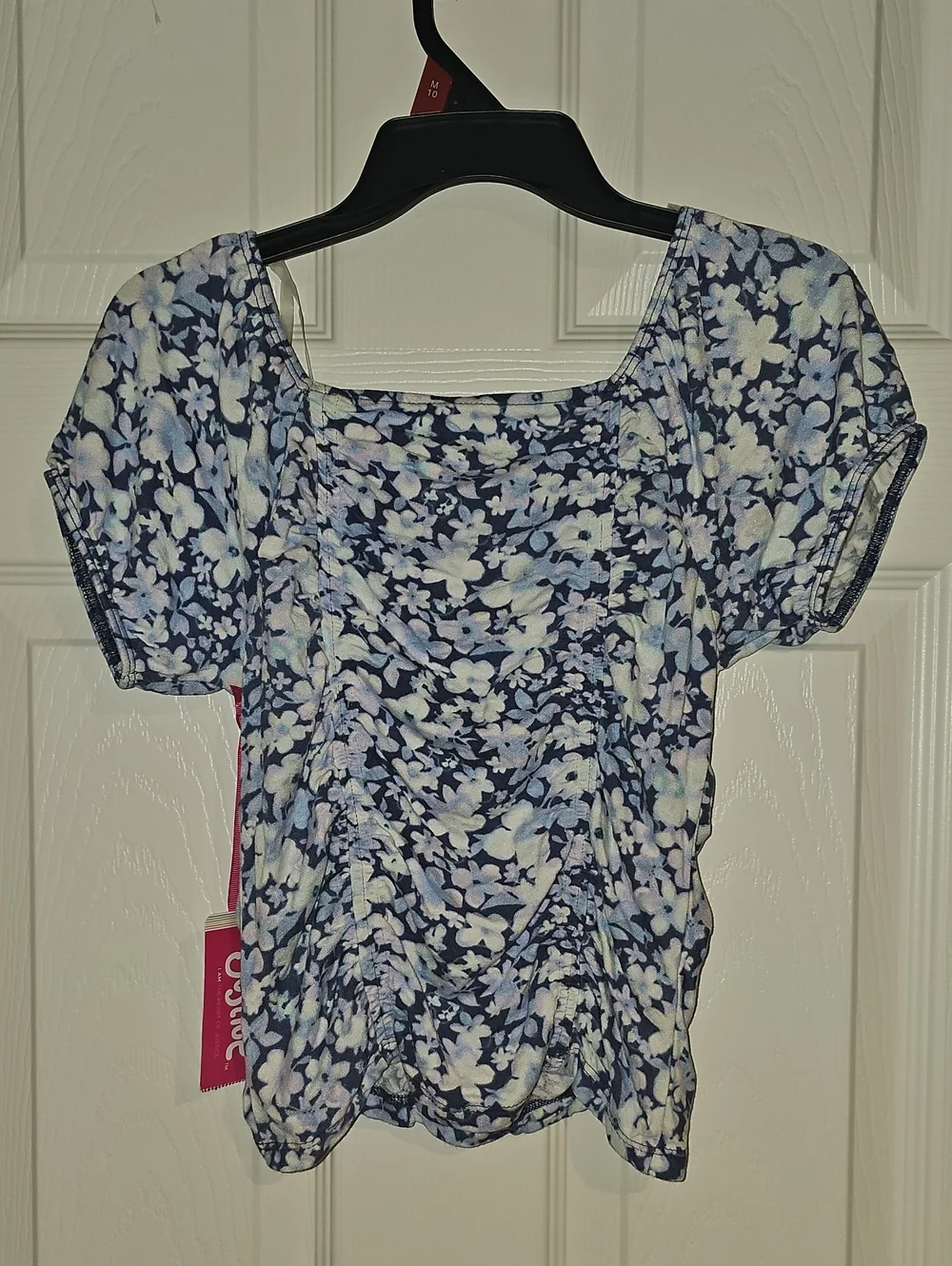 Justice Girls Med 10 Navy, White Floral Short Puff Sleeves Ruched Crop Top New
